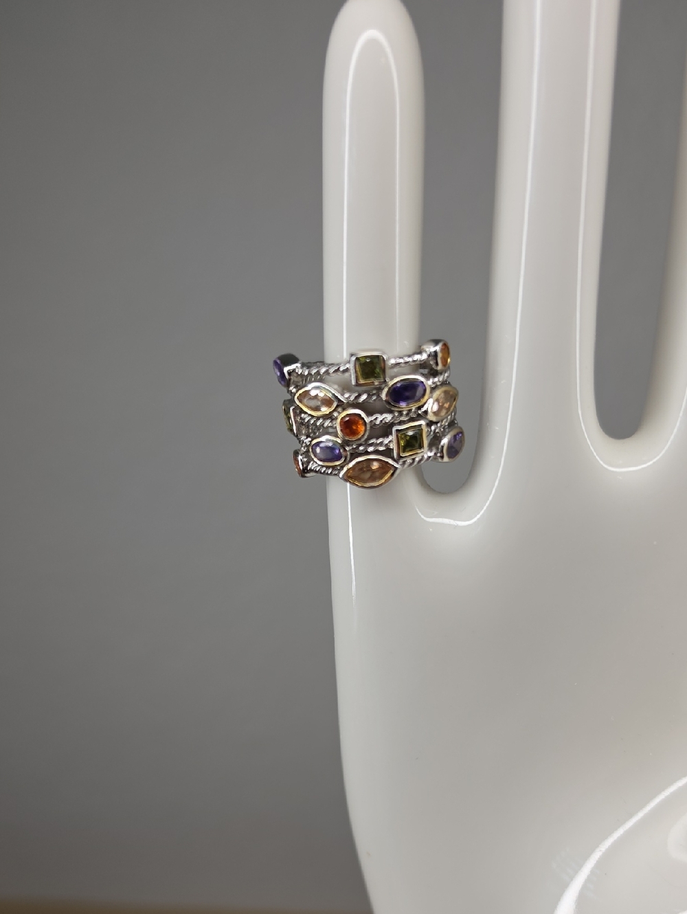 Vintage Multi-Color Confetti Oval Square Stone Multi Stack Silver Stackable Ring - Picture 2 of 7